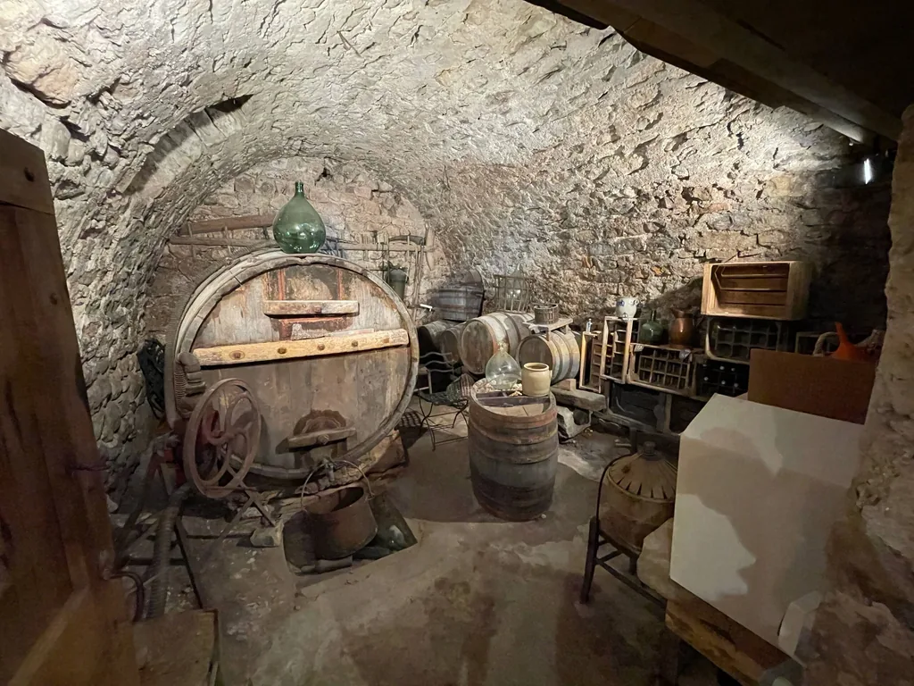Cave voûtée avec tonneaux du gîte Le Pailler d'Étienne